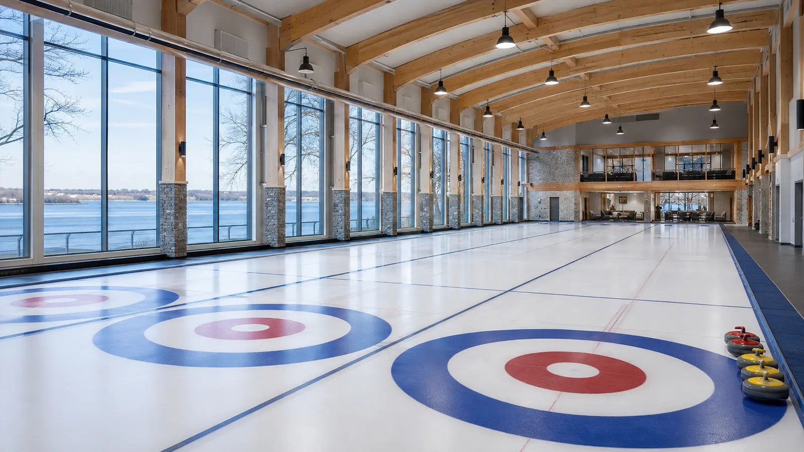 Curling sheets inside a bright modern club